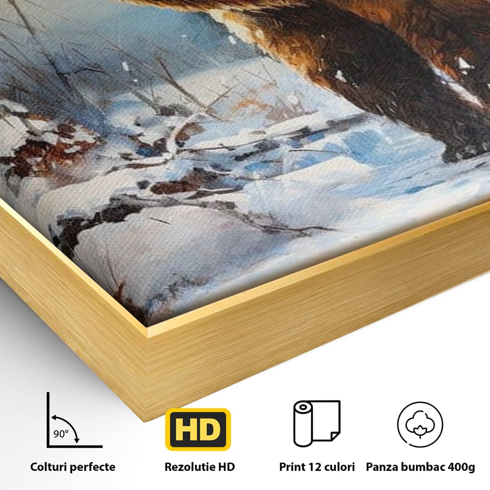 Detaliu al suprafetei: tablou canvas cu urs brun in zapada, in rama de aluminiu auriu
